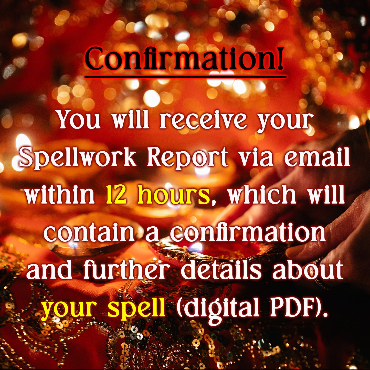Promotional text about receiving a spellwork report via email with a blurred background of hands and lights.