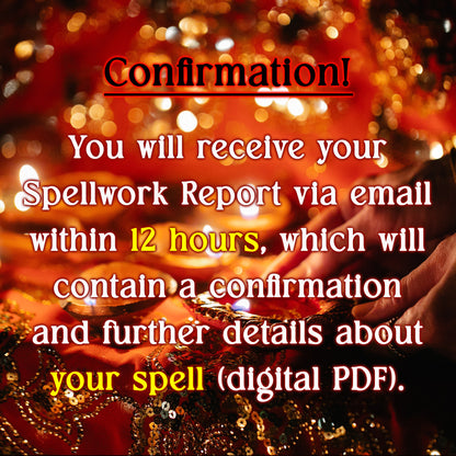 Promotional text about receiving a spellwork report via email with a blurred background of hands and lights.