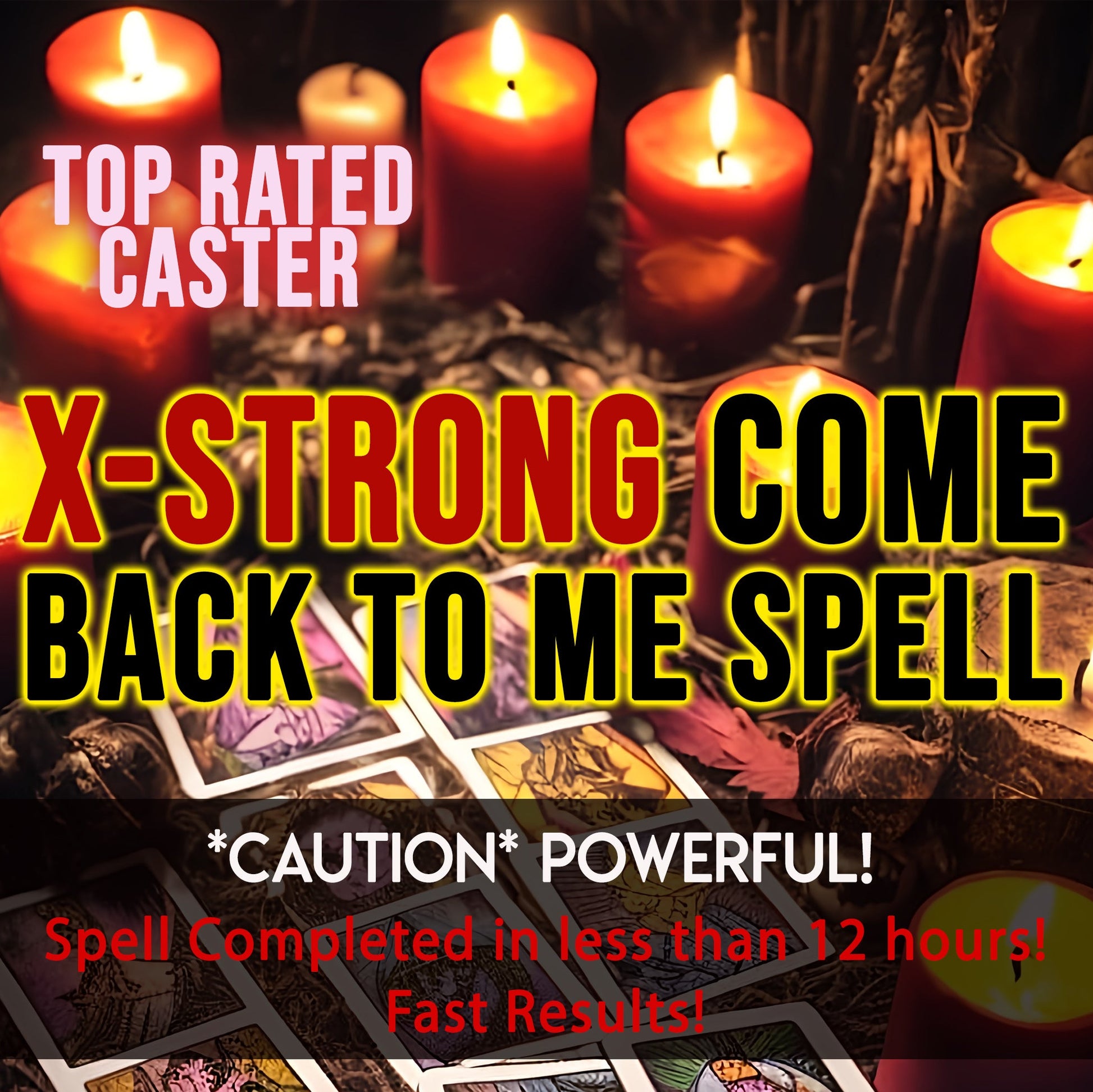 Magical spell casting scene with candles and tarot cards, featuring text about a 'Top Rated Caster' spell.