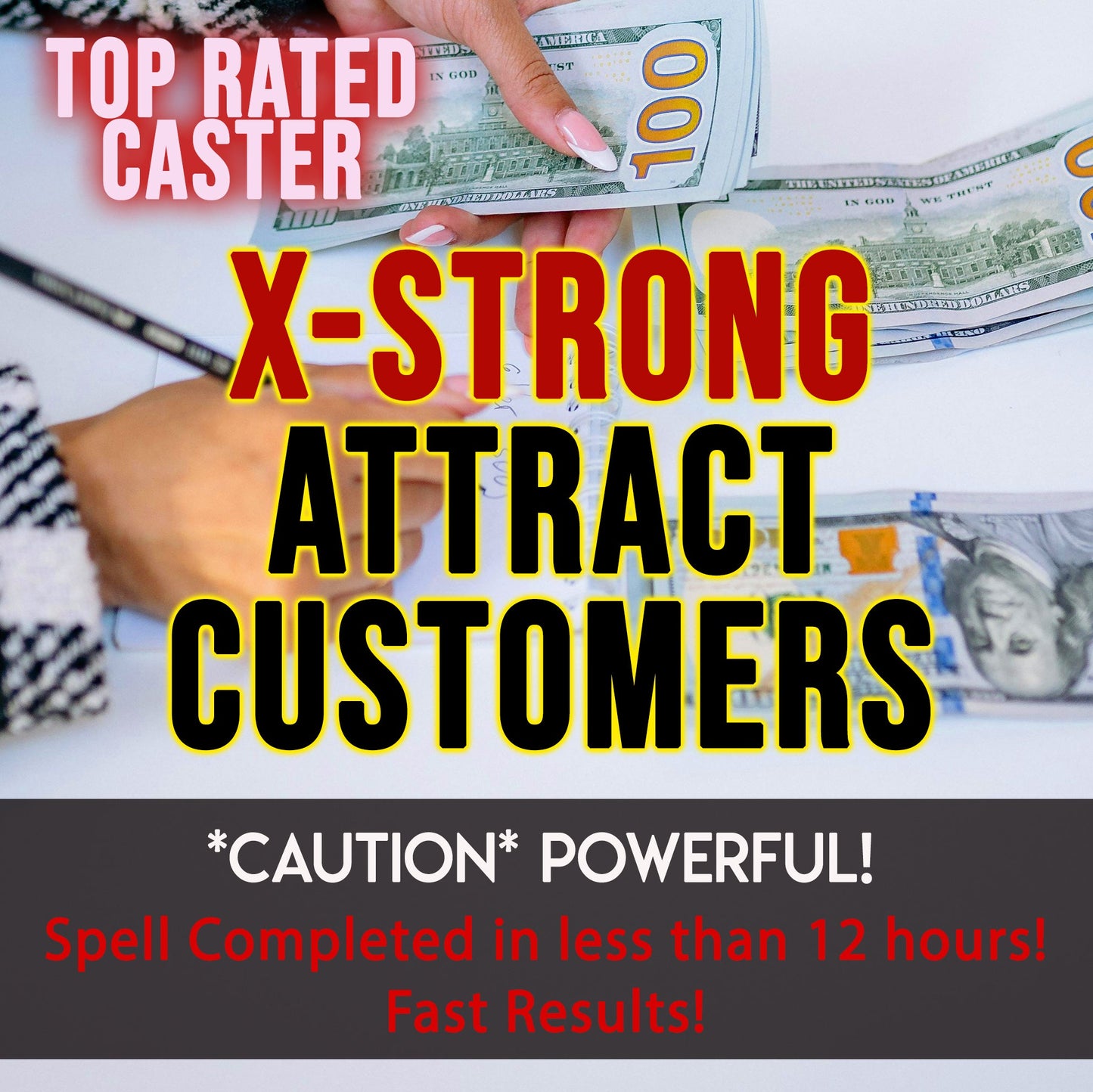 Hand holding money with text about attracting customers and fast results.
