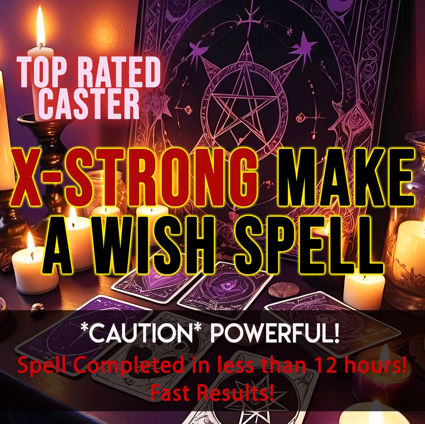 Magical spellcasting scene with candles, tarot cards, and a pentagram symbol on a dark background.