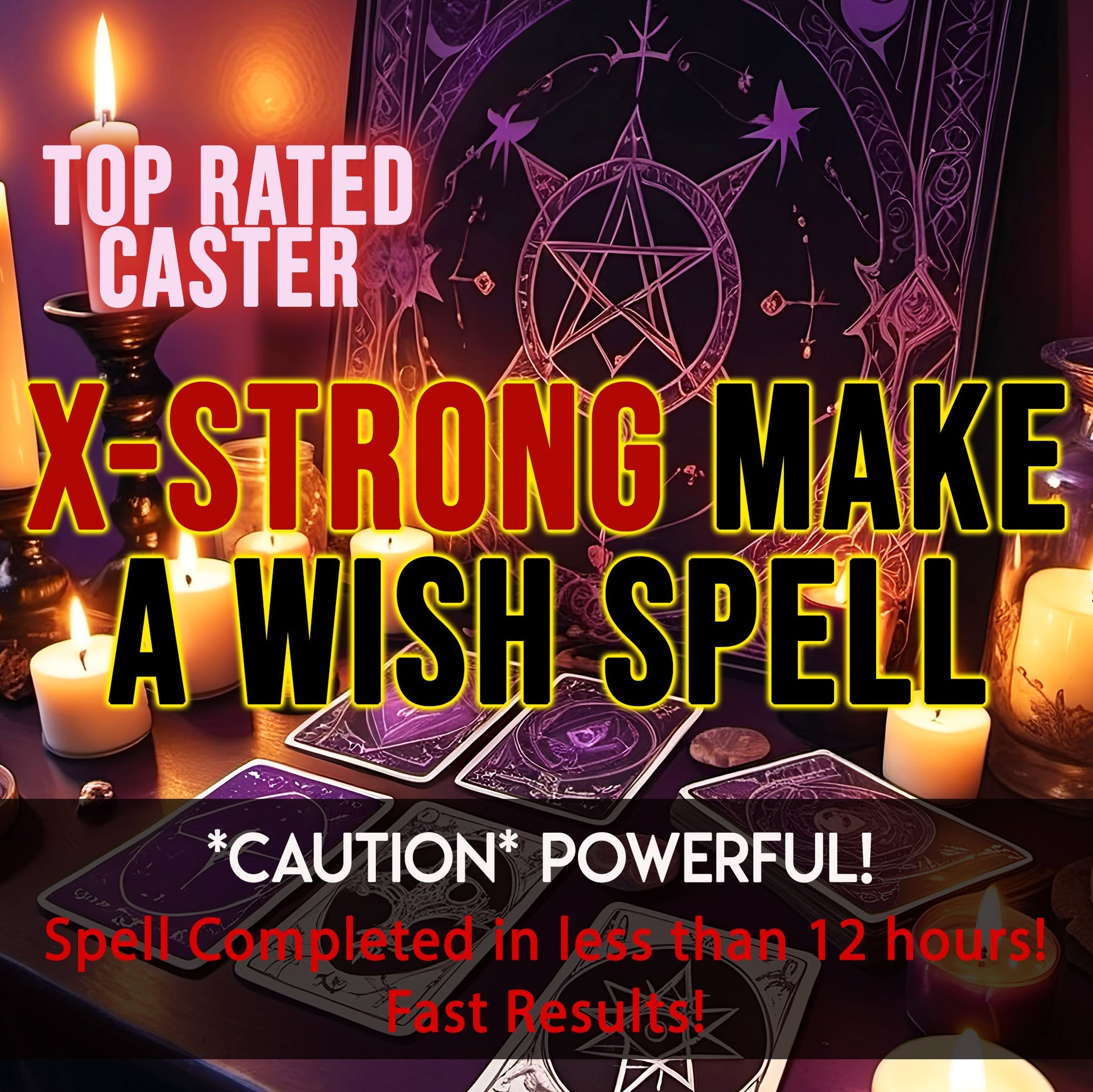 Magical spellcasting scene with candles, tarot cards, and a pentagram symbol on a dark background.