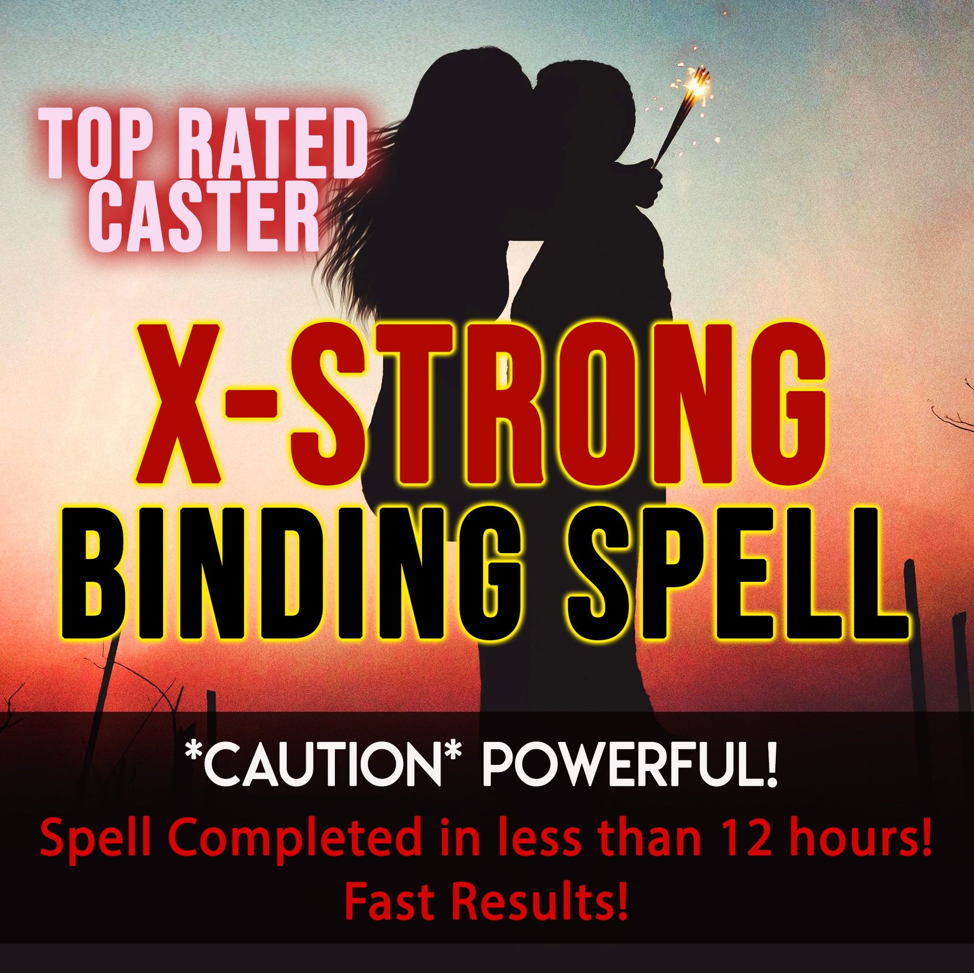 Promotional graphic for a 'X-Strong Binding Spell' with a silhouette of a couple holding a candle against a sunset background.