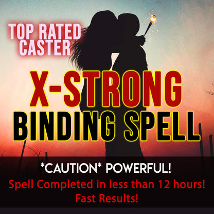 Promotional graphic for a 'X-Strong Binding Spell' with a silhouette of a couple holding a candle against a sunset background.