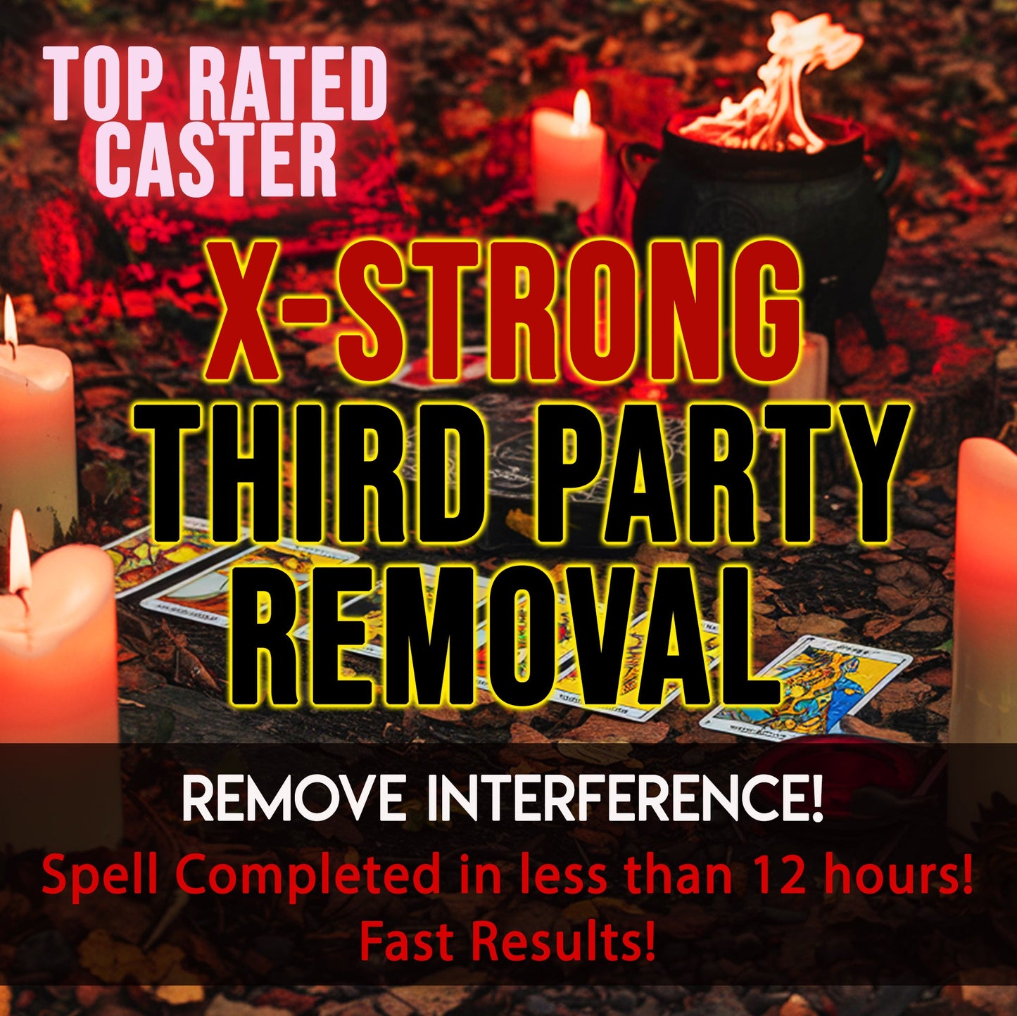 Promotional image with candles and tarot cards, featuring text about third-party removal services.