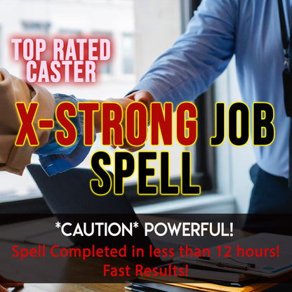 Two people shaking hands with promotional text about a 'X-Strong Job Spell' in front of a laptop.