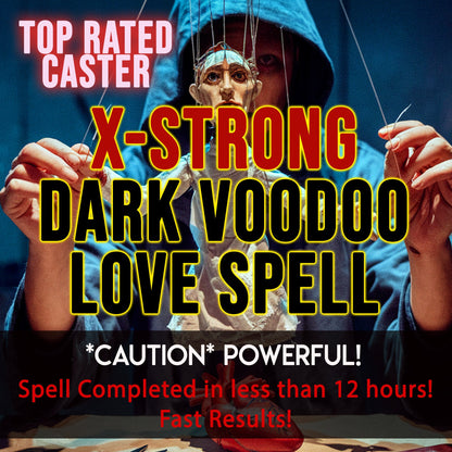 Person in a hoodie manipulating strings with text about a 'Dark Voodoo Love Spell' and claims of powerful results.