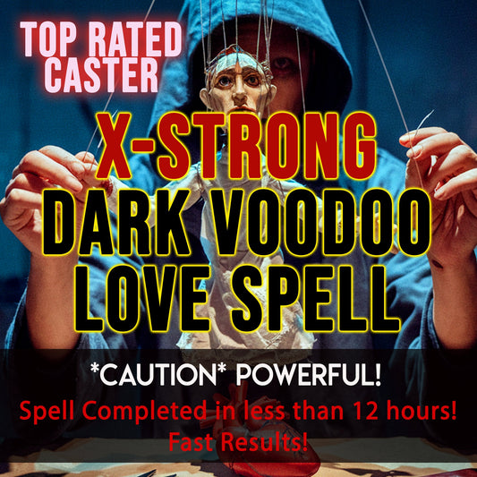 Person in a hoodie manipulating strings with text about a 'Dark Voodoo Love Spell' and claims of powerful results.