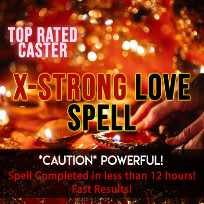 Advertisement for a 'X-Strong Love Spell' with glowing lights and text on a dark background.