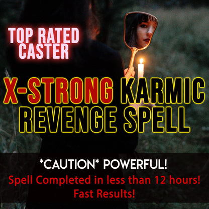 Advertisement for a 'X-Strong Karmic Revenge Spell' with a person holding a mirror and candle.