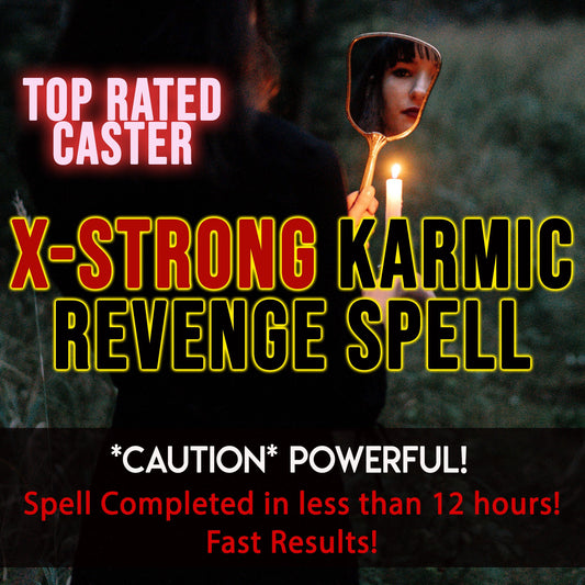 Advertisement for a 'X-Strong Karmic Revenge Spell' with a person holding a mirror and candle.