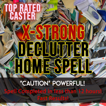 Promotional text for a 'X-Strong Declutter Home Spell' surrounded by scattered papers and books.