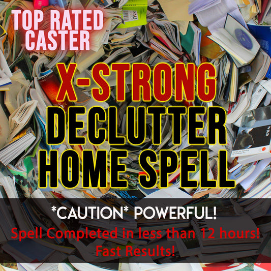 Promotional text for a 'X-Strong Declutter Home Spell' surrounded by scattered papers and books.