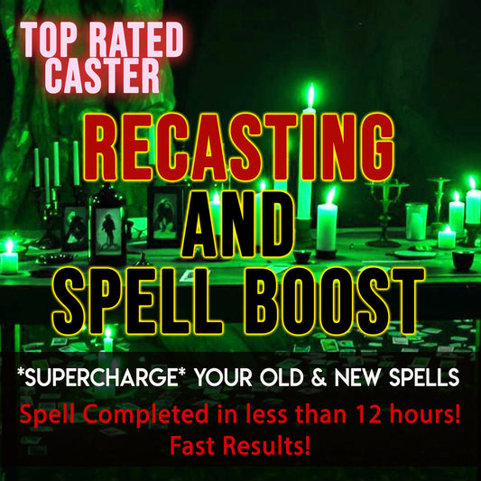 Magical spellcasting setup with candles and text about recasting and spell boost services.
