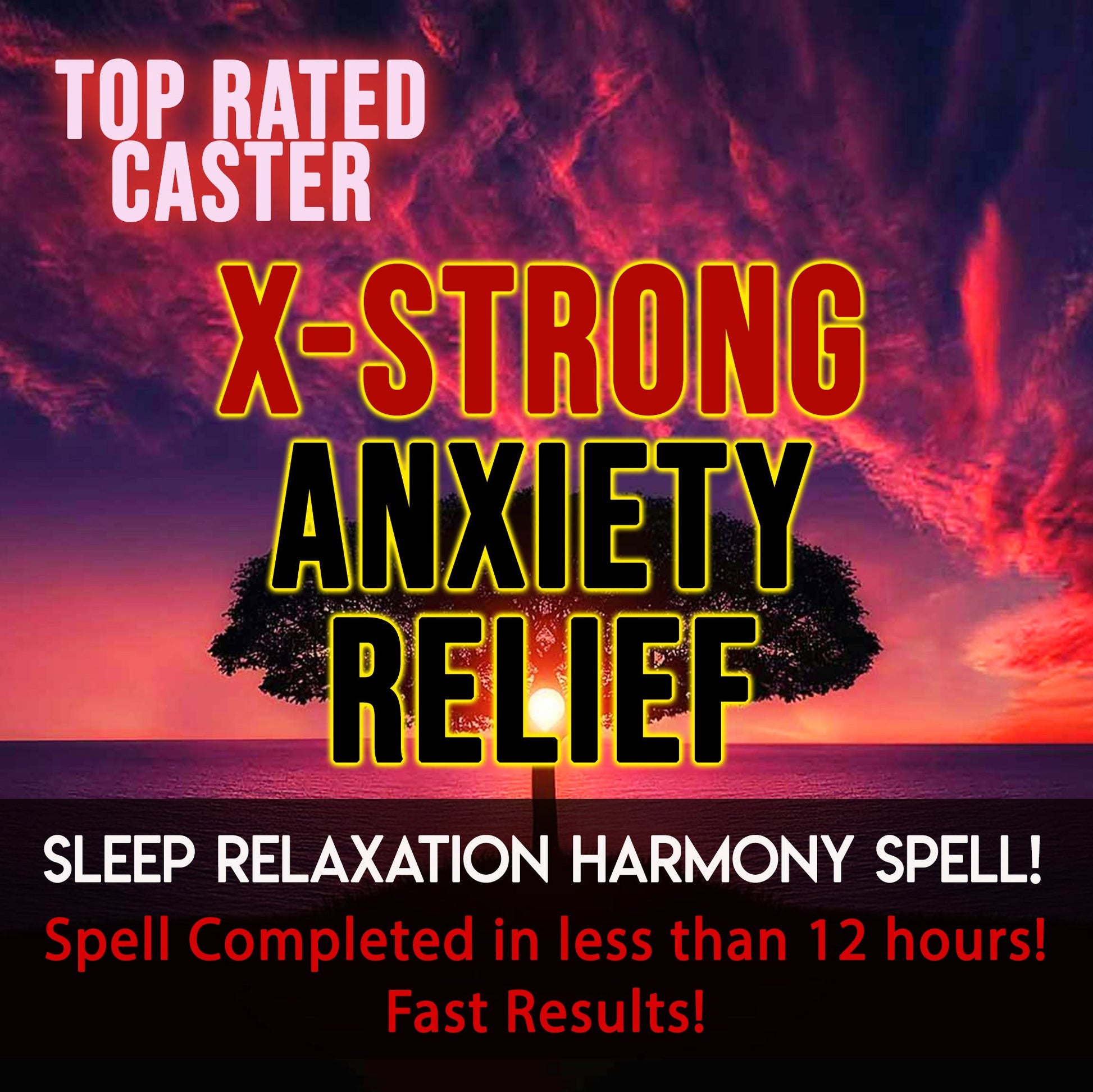 Promotional text for X-Strong Anxiety Relief with a colorful sky background