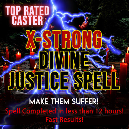 Magical spell casting scene with candles and lightning effects, promoting a 'X-Strong Divine Justice Spell'.