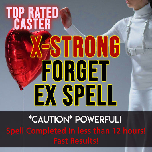 Person in white outfit with red heart balloon and promotional text for 'X-Strong Forget Ex Spell'.