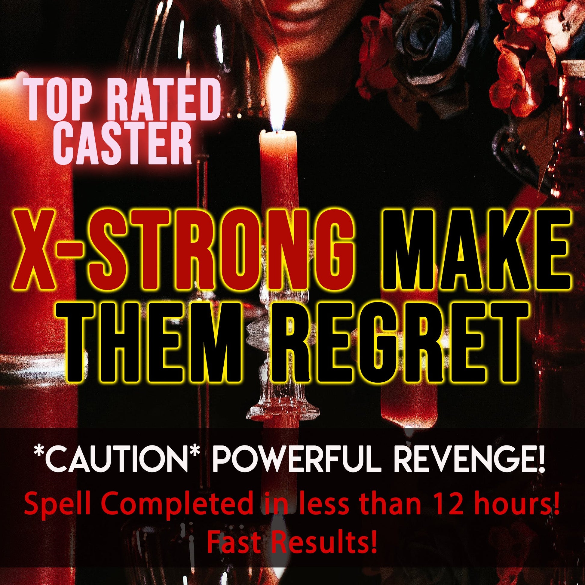 Promotional image for a 'Top Rated Caster' with candles and mystical elements, featuring bold text about spell casting.