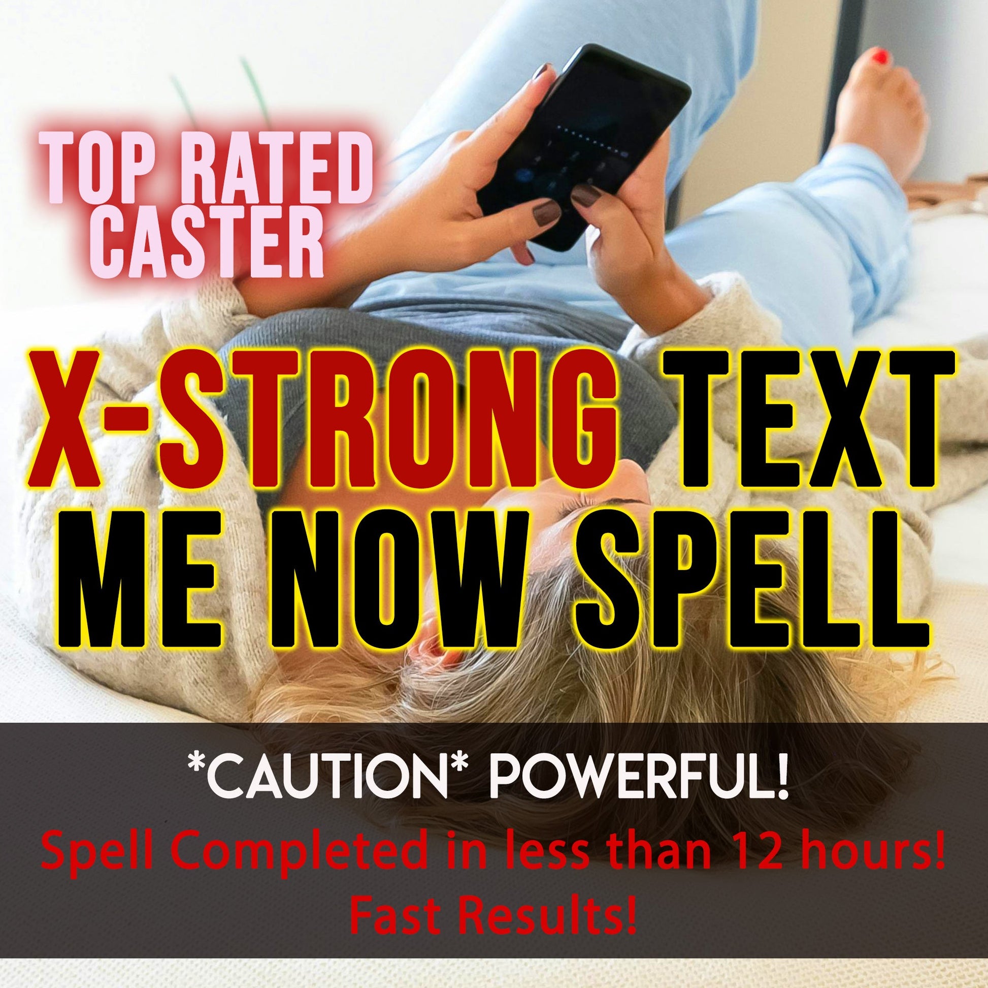 Person using a phone with text overlay about a 'Top Rated Caster' service.