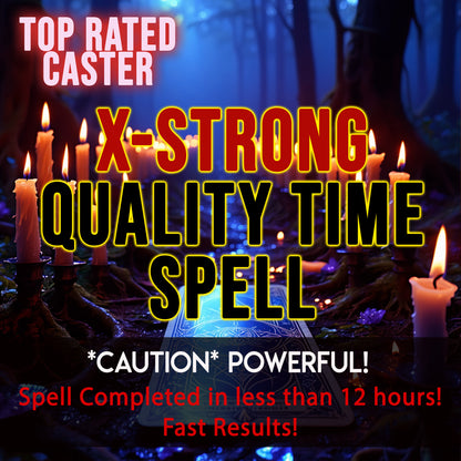 Magical spell casting scene with candles and a book, featuring promotional text for a 'X-Strong Quality Time Spell'.