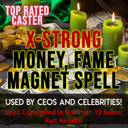 Promotional image for a money, fame magnet spell with candles, coins, and text claiming fast results.
