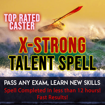 Advertisement for 'X-Strong Talent Spell' with a background of water and a red arrow.