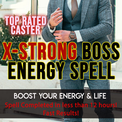Person in a suit with text about an 'X-Strong Boss Energy Spell' in a modern office setting.