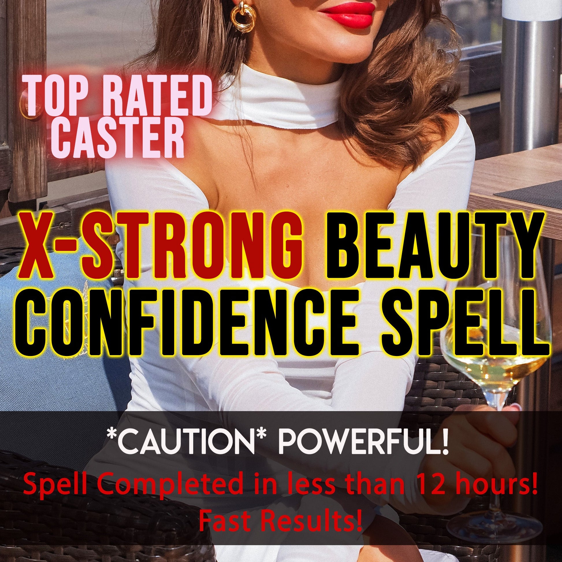 Promotional image for a 'X-Strong Beauty Confidence Spell' with text overlay and a blurred background.