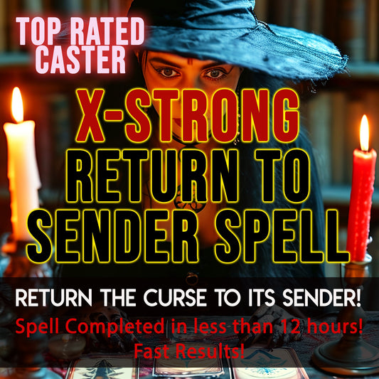 Person in a blue hat with candles and text about a 'X-Strong Return to Sender Spell' in a mystical setting.