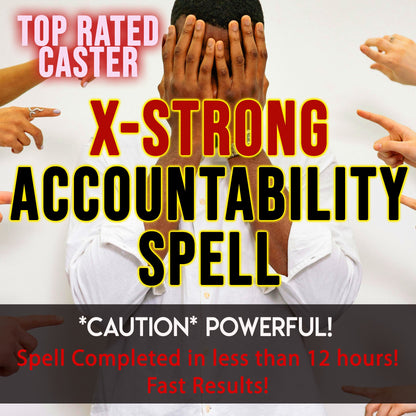 Person with hands over face surrounded by pointing fingers, with text about an 'X-Strong Accountability Spell'.
