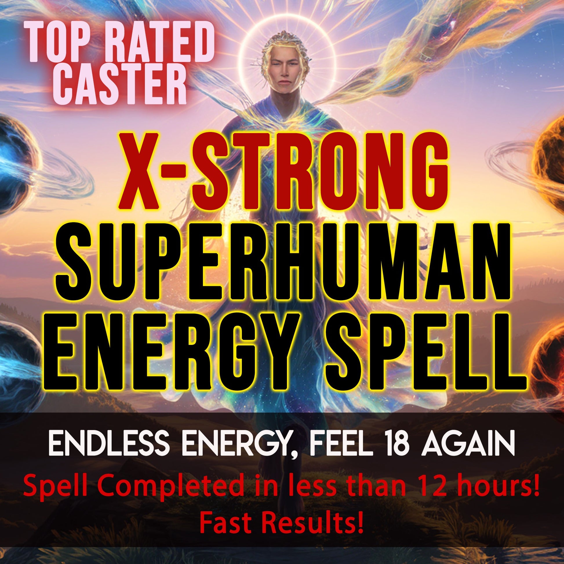 Promotional image for an 'X-Strong Superhuman Energy Spell' with a person in the center and celestial elements.