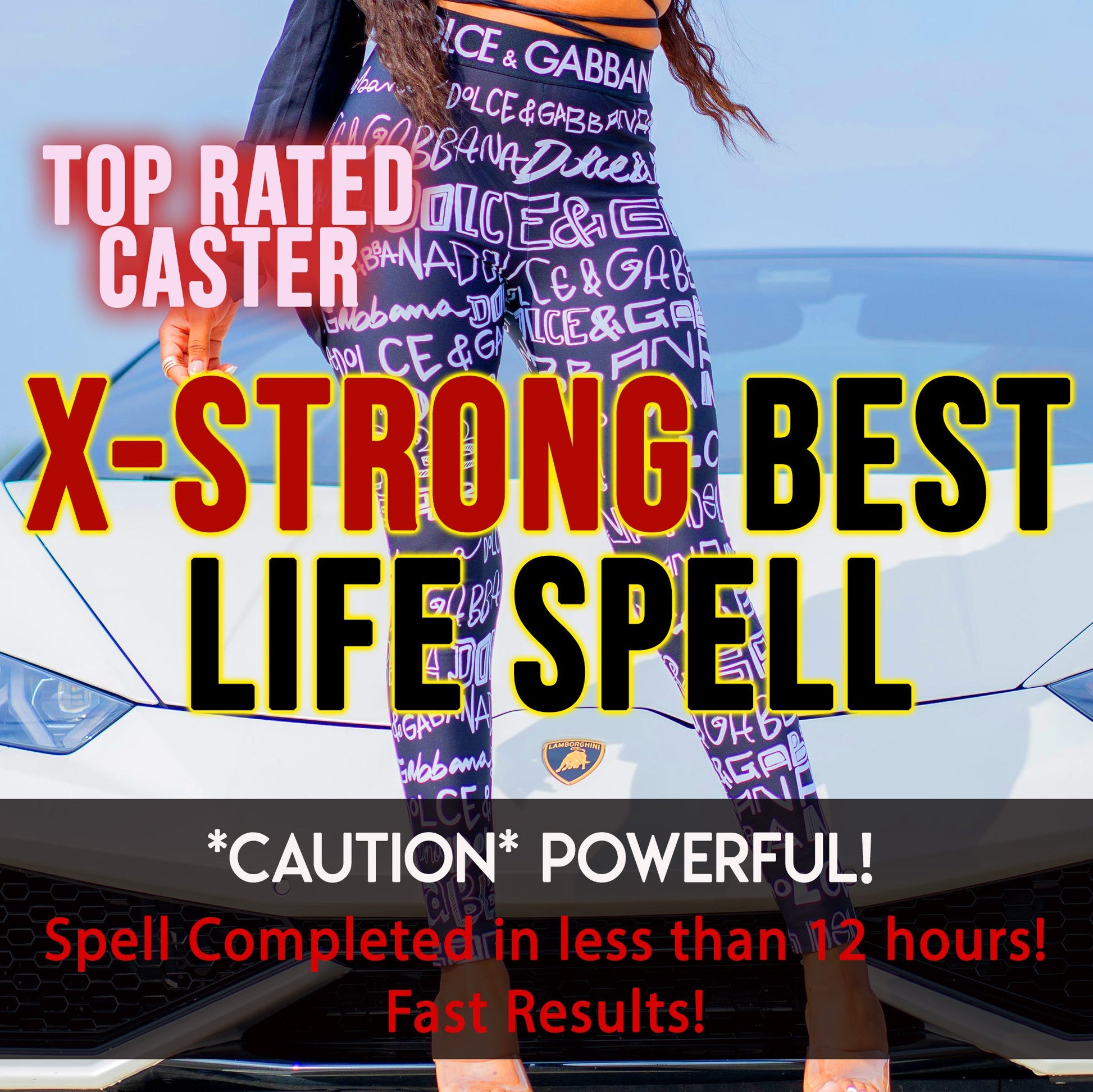 Person standing in front of a car with promotional text for a 'Top Rated Caster' life spell service.