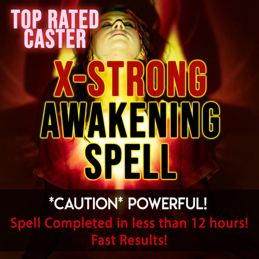 Advertisement for 'X-Strong Awakening Spell' with a person's face and fiery background.