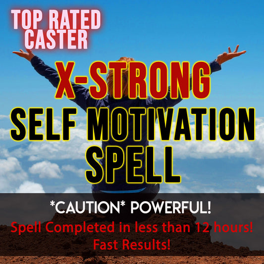 Person with arms outstretched against a blue sky with clouds, promoting a 'X-Strong Self Motivation Spell'.