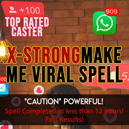 Promotional graphic for a 'Make Me Viral Spell' with colorful text and icons on a brick wall background.