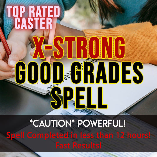 Person writing in a notebook with promotional text overlay about a 'X-Strong Good Grades Spell'.