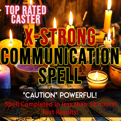 Promotional image for a 'X-Strong Communication Spell' with lit candles and tarot cards.