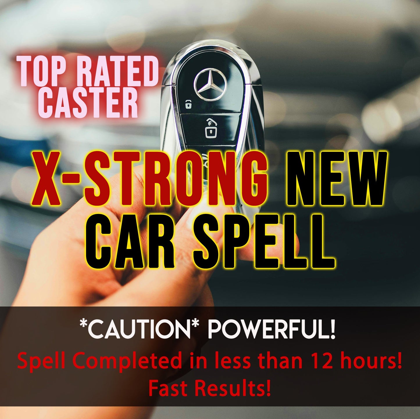 Mercedes-Benz key fob with promotional text about a 'car spell' casting service.