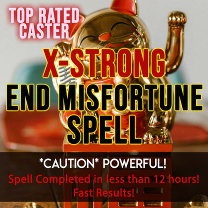 Gold figurine with text claiming to perform 'X-Strong End Misfortune Spell' with promotional language.